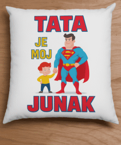 Superjunak tata, personalizirani jastuk s imenom, savršen poklon za djecu i obitelj; visokokvalitetno tiskan, unikatni dizajn.