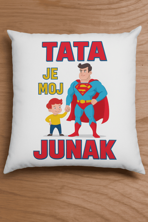 Superjunak tata, personalizirani jastuk s imenom, savršen poklon za djecu i obitelj; visokokvalitetno tiskan, unikatni dizajn.