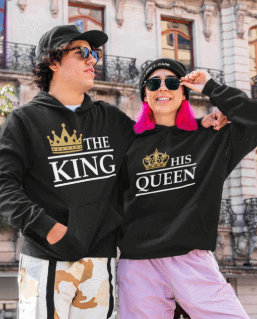 Kravata hoodie za parove, majice s natpisom kralj i kraljica, street style modni detalji, unisex majice za ljubavne parove.