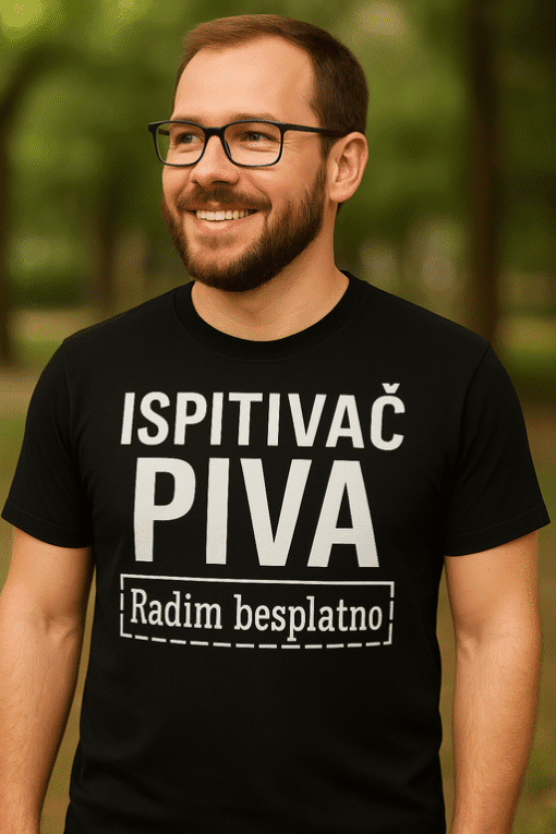 Bijela majica s natpisom Ispitivač piva, savršena za ljubitelje piva i promocije.