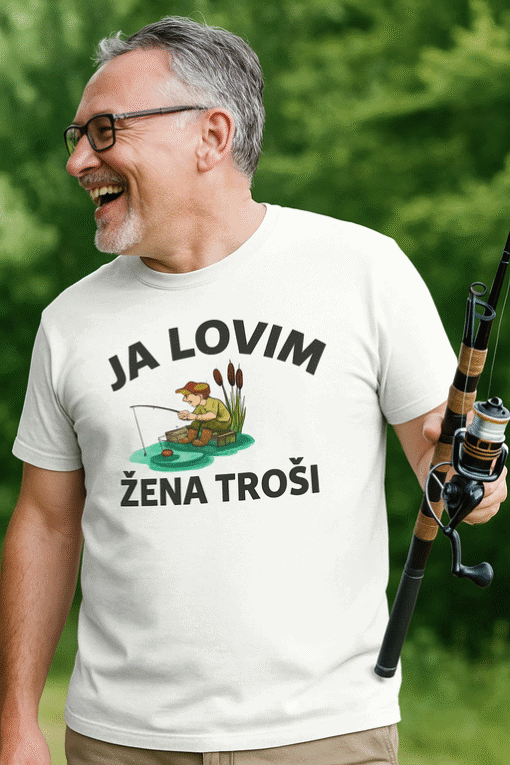 Riblja majica s natpisom "Ja volim ženu troši" za ljubitelje ribolova i zabave.