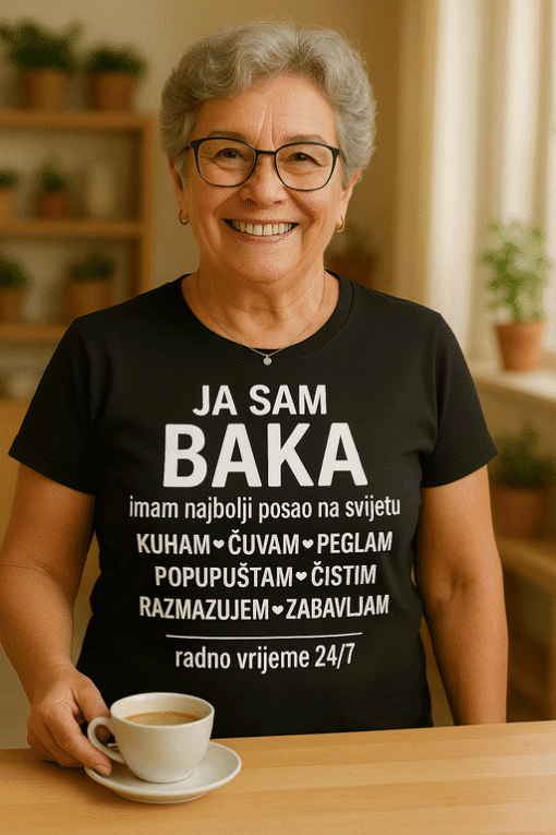 1. Žena s majicom "Ja sam baka", zabavna poruka, optima uljepšava svakodnevicu.