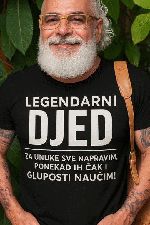 Otvoren smiješak starijeg muškarca s naočalama i šalom, u crnoj majici s natpisom, outdoor okruženje sa zelenim lišćem.