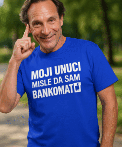 Smeđa majica s hrvatskim motivom i humorističnim tekstom o bankama.