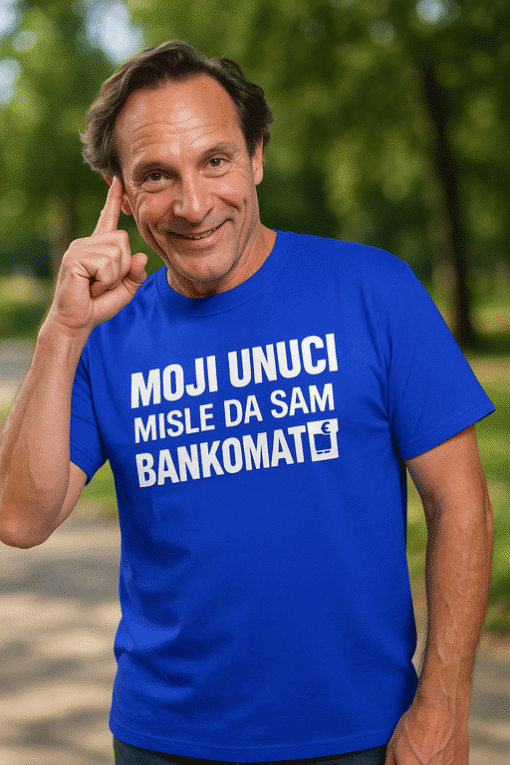 Smeđa majica s hrvatskim motivom i humorističnim tekstom o bankama.