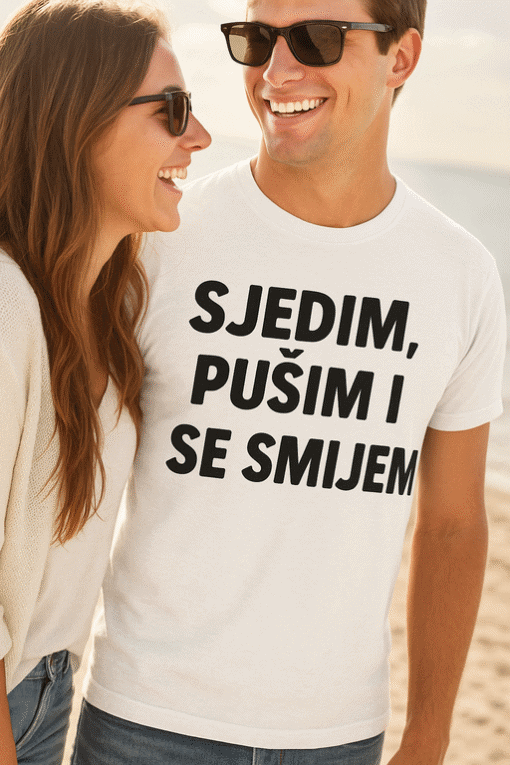 Smeće, pušenje i smijeh - moderan print na majici za svakodnevnu šalu.