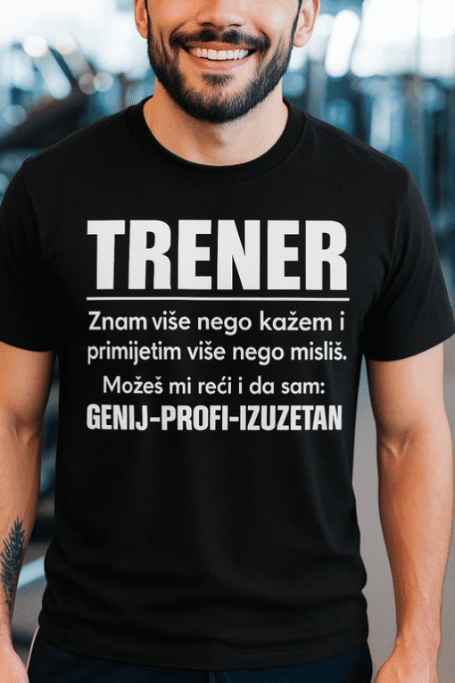 Vješt trener sa šarmantnim osmijehom, prikaz na teretani.