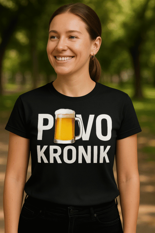 _alat text: Majica s printom "Pivo Kronik" za ljubitelje piva i dobre zabave.