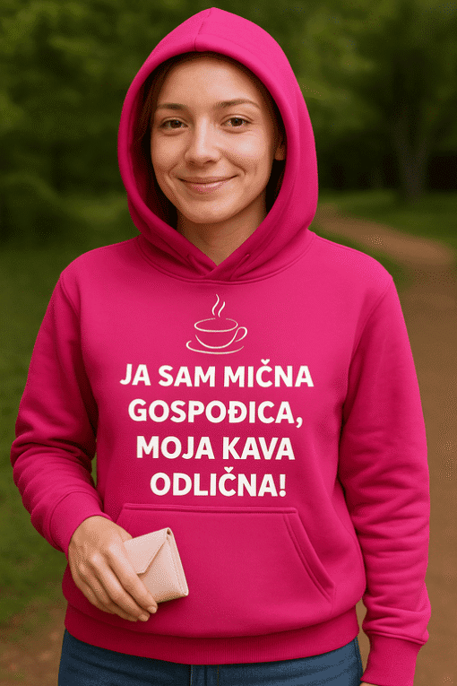 Udobna ženska hoodie s natpisom kava, savršena za ljubitelje kave i udobne odjeće.