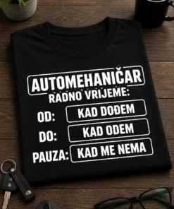 Majica za automehaničare s natpisom AUTOMEHANIČAR RADNO VRIJEME: OD: KAD DOĐEM DO: KAD ODEM PAUZA: KAD ME NEMA