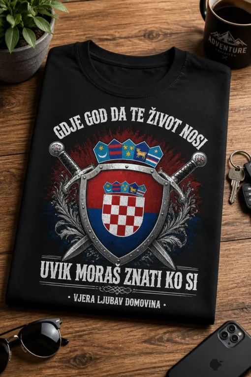 Majica s natpisom GDJE GOD DA TE ŽIVOT NOSI UVIK MORAŠ ZNATI KO SI VJERA LJUBAV DOMOVINA i hrvatskim grbom