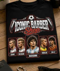 Majica s natpisom ICONIC BARBER SHOP i retro motivom nogometnih frizura u stilu barbershop postera