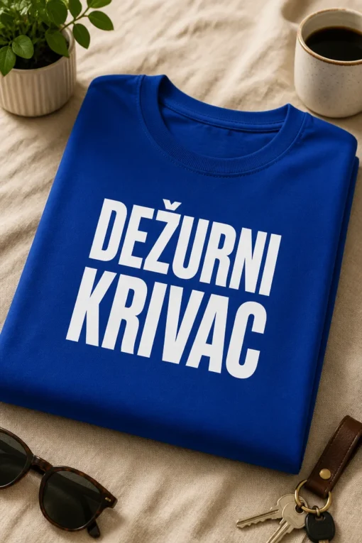 Majica s natpisom DEŽURNI KRIVAC u minimalističkom tipografskom dizajnu