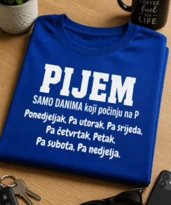 Majica s natpisom PIJEM SAMO DANIMA koji počinju na P Ponedjeljak, Pa utorak, Pa srijeda, Pa četvrtak, Petak, Pa subota, Pa nedjelja.