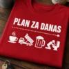 Majica s natpisom PLAN ZA DANAS i ikonama kave, kipera, pive i osobe koja povraća u WC