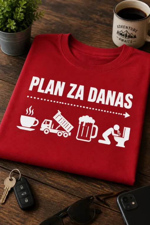 Majica s natpisom PLAN ZA DANAS i ikonama kave, kipera, pive i osobe koja povraća u WC