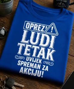 Majica s natpisom OPREZ! LUDI TETAK UVIJEK SPREMAN ZA AKCIJU! u stilu znaka upozorenja