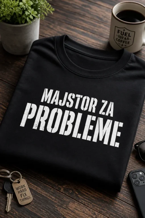 Majica s natpisom MAJSTOR ZA PROBLEME u bijelom stencil stilu