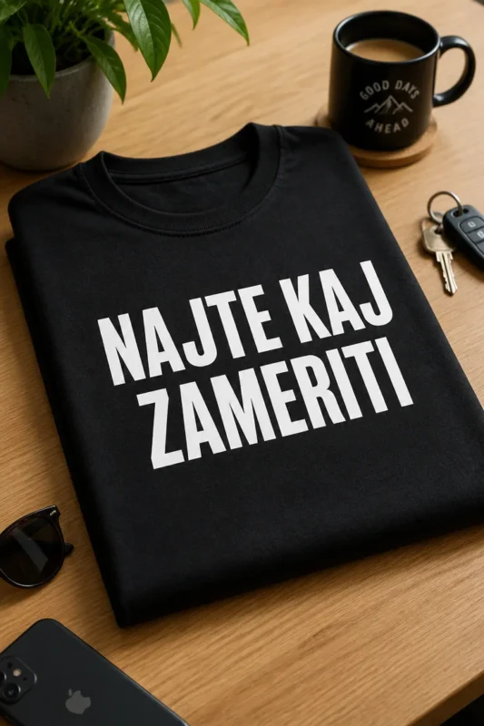 Majica s natpisom NAJTE KAJ ZAMERITI u minimalističkom tipografskom dizajnu