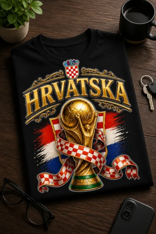 Majica s natpisom HRVATSKA, zlatnim trofejem i hrvatskom šahovnicom