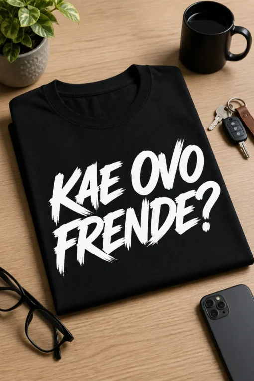 Majica s natpisom KAE OVO FRENDE? u bold graffiti stilu