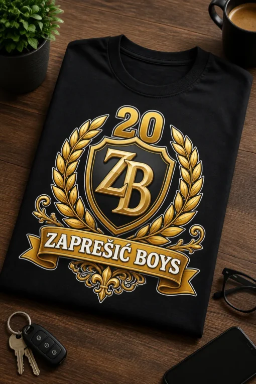 Majica s natpisom ZAPREŠIĆ BOYS i zlatnim navijačkim grbom u heraldic stilu