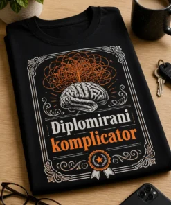 Majica s natpisom Diplomirani komplicator, ilustracijom mozga, zapetljanim linijama i certifikatskim okvirом u bijelo-narančastom retro akademskom stilu.