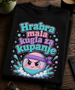 Majica s natpisom "Hrabra mala kugla za kupanje" i simpatičnom kuglom za kupanje u retro cartoon stilu s mjehurićima i crnim obrisima