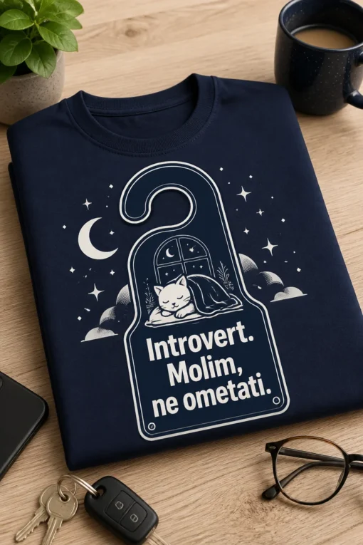 Majica s natpisom Introvert. Molim, ne ometati. uz do-not-disturb vješalicu, mjesečinu i zvjezdice.