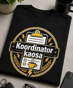 Majica s natpisom Koordinator kaosa u mock-corporate badge stilu, s clipboardom, munjama i šalicom kave, u žuto-bijeloj kombinaciji.