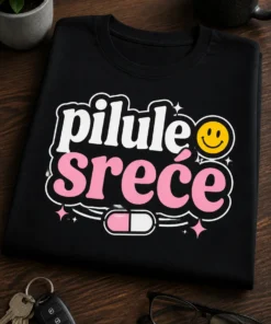 Majica s natpisom pilule sreće u čistom tipografskom dizajnu