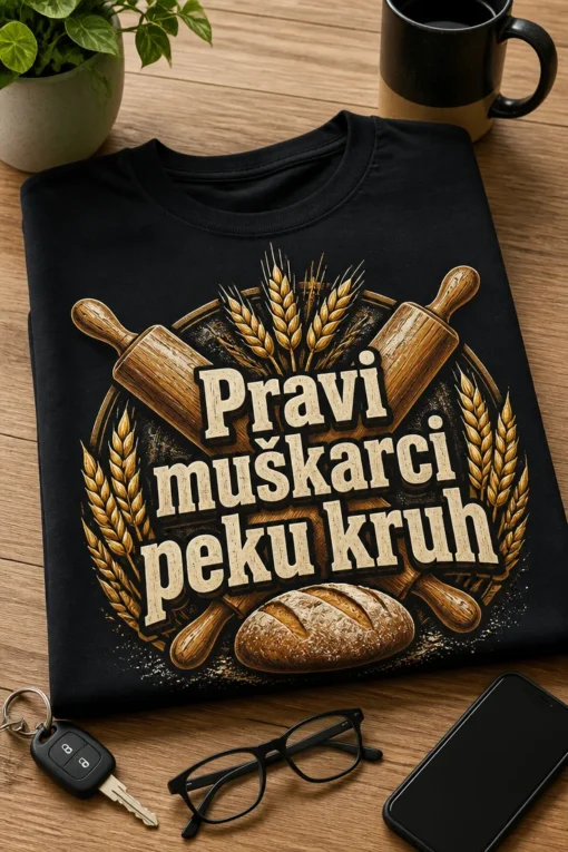 Crna majica s natpisom Pravi muškarci peku kruh, s križanim valjkom i klasjem pšenice u rustikalnom stiliziranom printu.