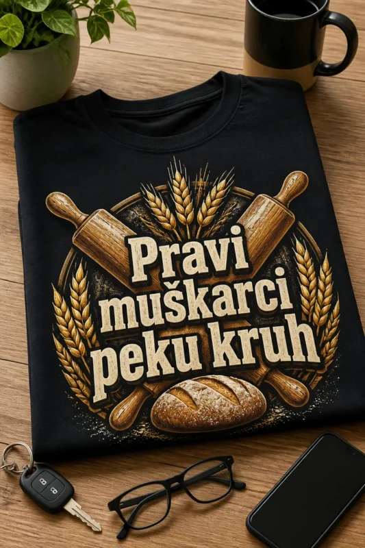 Crna majica s natpisom Pravi muškarci peku kruh, s križanim valjkom i klasjem pšenice u rustikalnom stiliziranom printu.