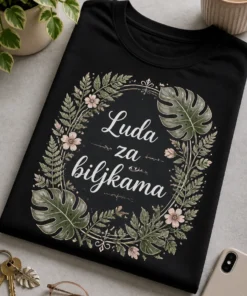 Majica s botaničkim motivom i natpisom Luda za biljkama, s monstera listovima i nježnim papratima u zeleno-ružičastom okviru.