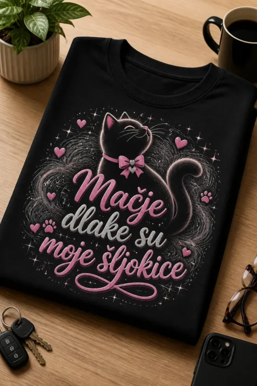 Crna majica s motivom mačke i natpisom Mačje dlake su moje šljokice u ružičastoj i srebrnoj boji