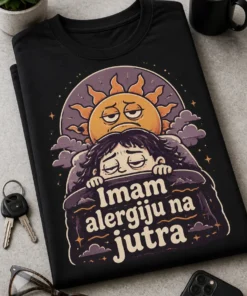 Majica s natpisom Imam alergiju na jutra i retro-cute ilustracijom nadrndanog sunca i pospanog lica u ljubičasto-narančastoj paleti