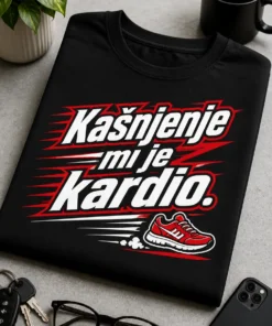 Crvena i bijela tipografska majica s natpisom Kašnjenje mi je kardio., kosim dinamičnim slovima, crtama brzine i malom tenisicom