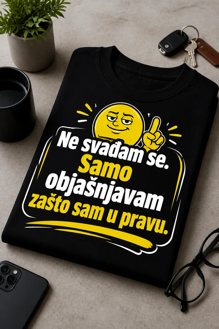 Crna majica s natpisom Ne svađam se. Samo objašnjavam zašto sam u pravu. u bijelo-žutom DTF printu