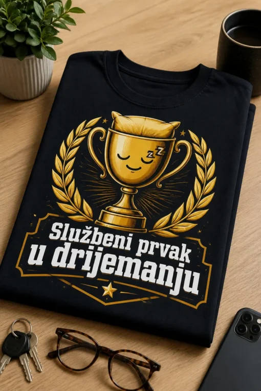 Majica s natpisom Službeni prvak u drijemanju, zlatni trofej s usnulim licem i lovorovim vijencem na tamnoj podlozi