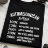 Majica za automehaničare s natpisom AUTOMEHANIČAR CJENIK i šaljivim cijenama za gledanje, pomaganje i pametovanje