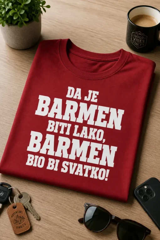 Majica za barmene s natpisom DA JE BARMEN BITI LAKO, BARMEN BIO BI SVATKO!