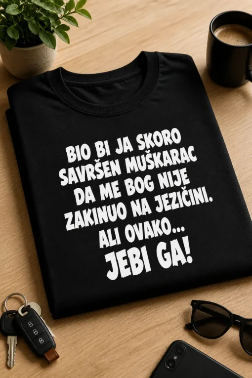 Majica s natpisom BIO BI JA SKORO SAVRŠEN MUŠKARAC DA ME BOG NIJE ZAKINUO NA JEZIČINI. ALI OVAKO... JEBI GA!