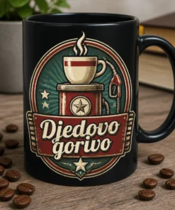 Mug s vintage servisnim dizajnom i natpisom Djedovo gorivo u retro stilu