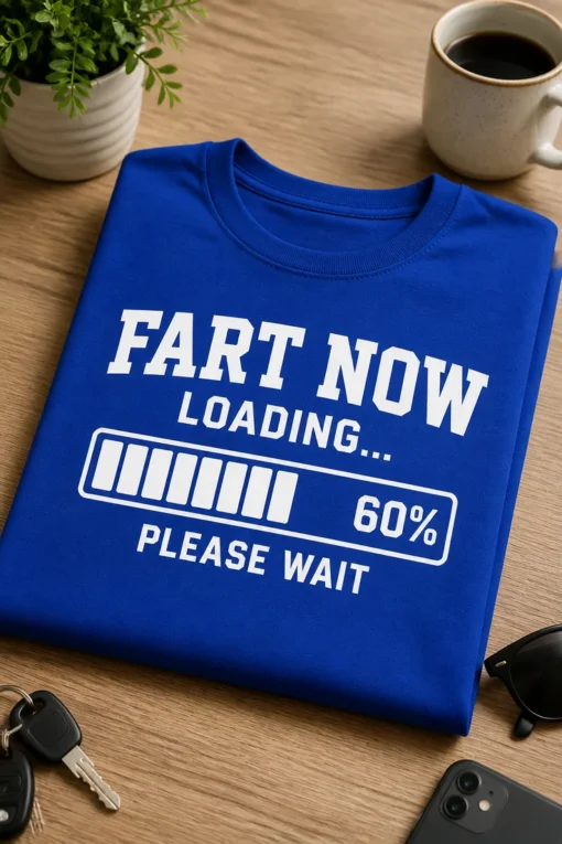Majica s natpisom FART NOW LOADING... 60% PLEASE WAIT u bijelom tipografskom dizajnu s loading trakom