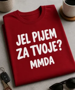 Majica s natpisom JEL PIJEM ZA TVOJE? MMDA u minimalističkom tipografskom dizajnu