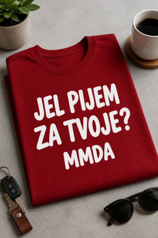Majica s natpisom JEL PIJEM ZA TVOJE? MMDA u minimalističkom tipografskom dizajnu