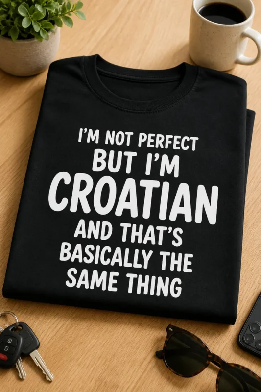 Majica s natpisom I'M NOT PERFECT BUT I'M CROATIAN AND THAT'S BASICALLY THE SAME THING u bijelom tipografskom tisku