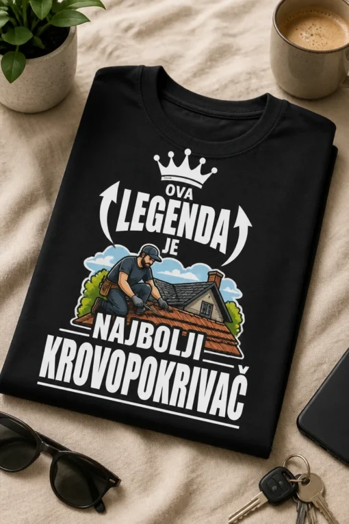 Majica s natpisom OVA LEGENDA JE NAJBOLJI KROVOPOKRIVAČ i krunom