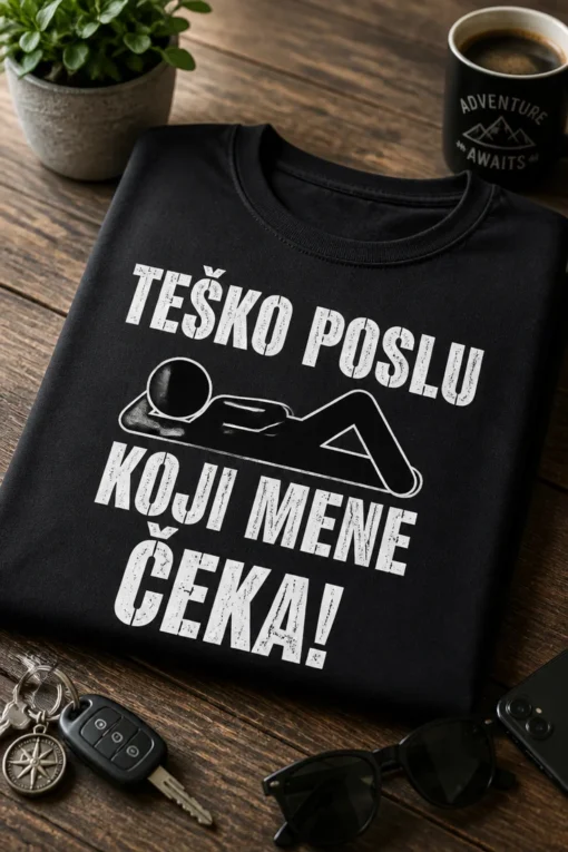 Majica s natpisom TEŠKO POSLU KOJI MENE ČEKA! i motivom osobe koja leži