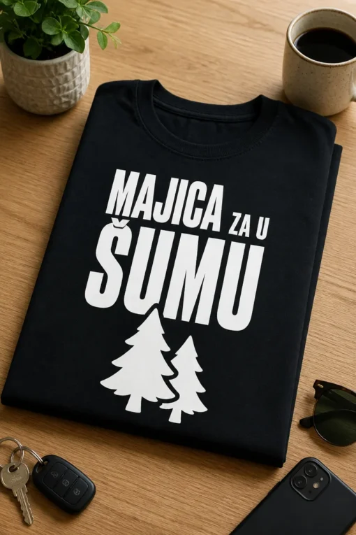 Majica s natpisom MAJICA ZA U ŠUMU i motivom borova